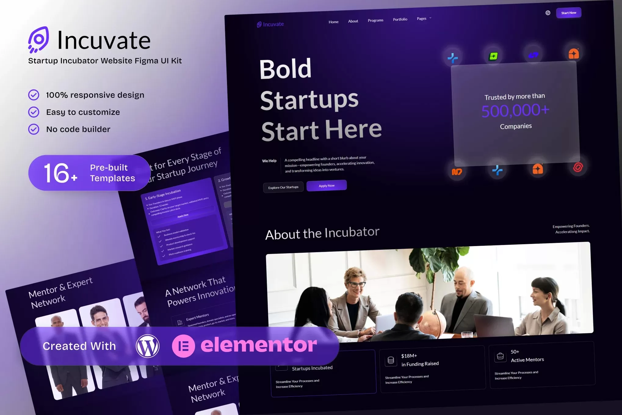 Incuvate – 孵化器Elementor模板套件，初创企业展示