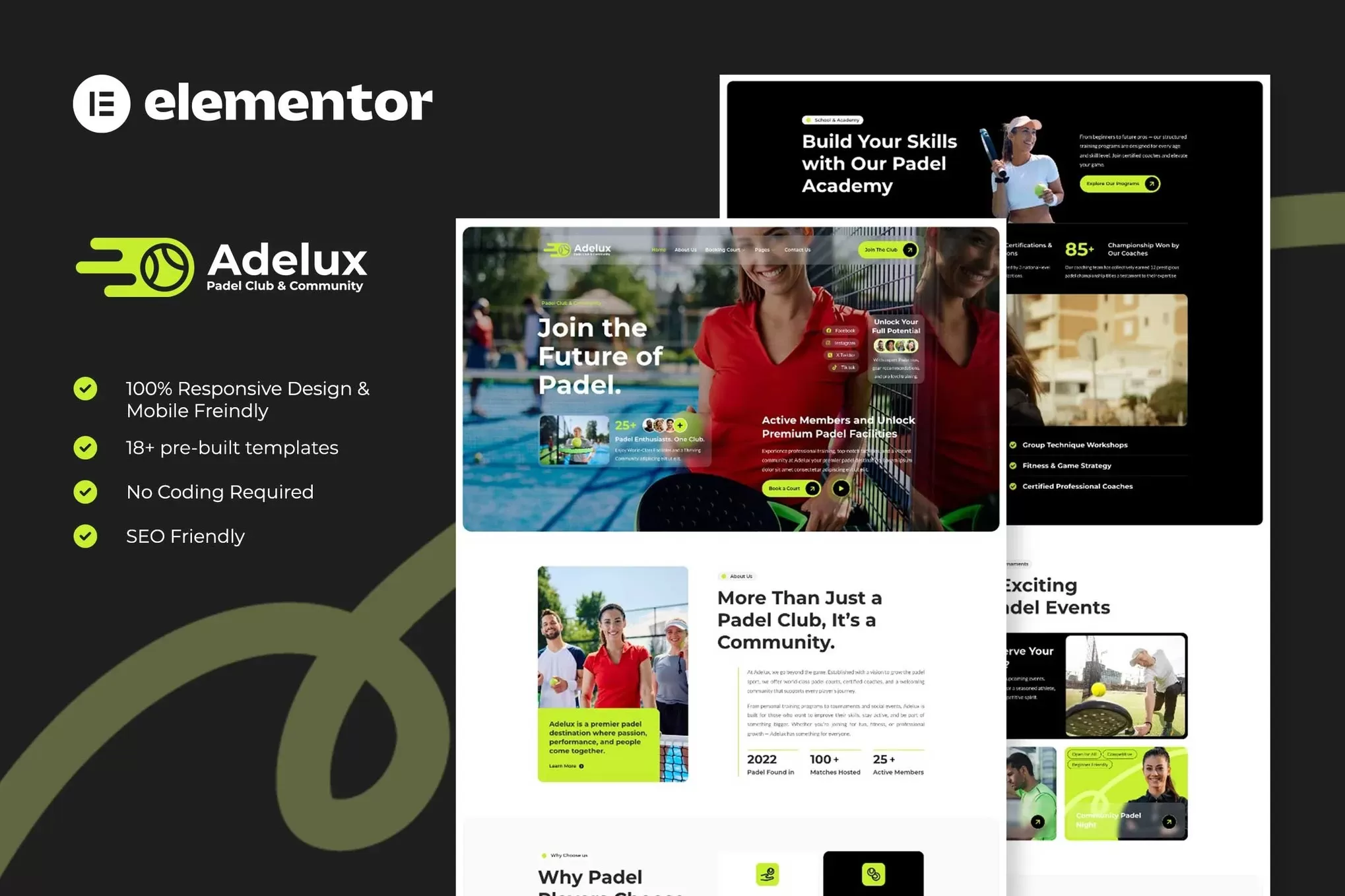 Adelux – 板式网球Elementor模板套件,球类俱乐部官网
