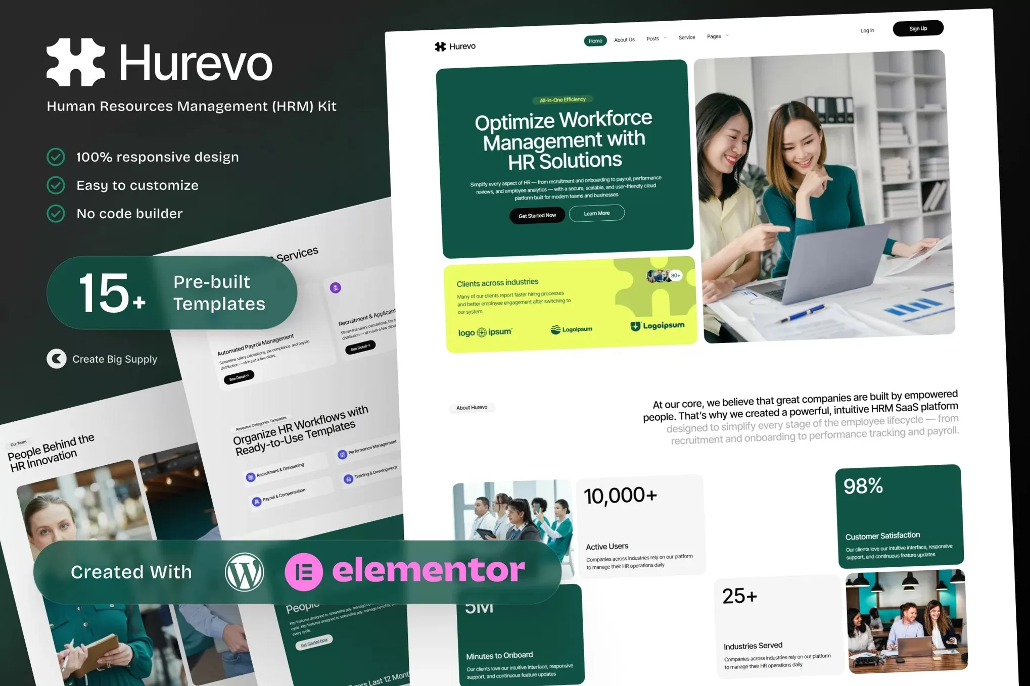 Hurevo – 人力资源Elementor模板套件,HRM SaaS平台官网