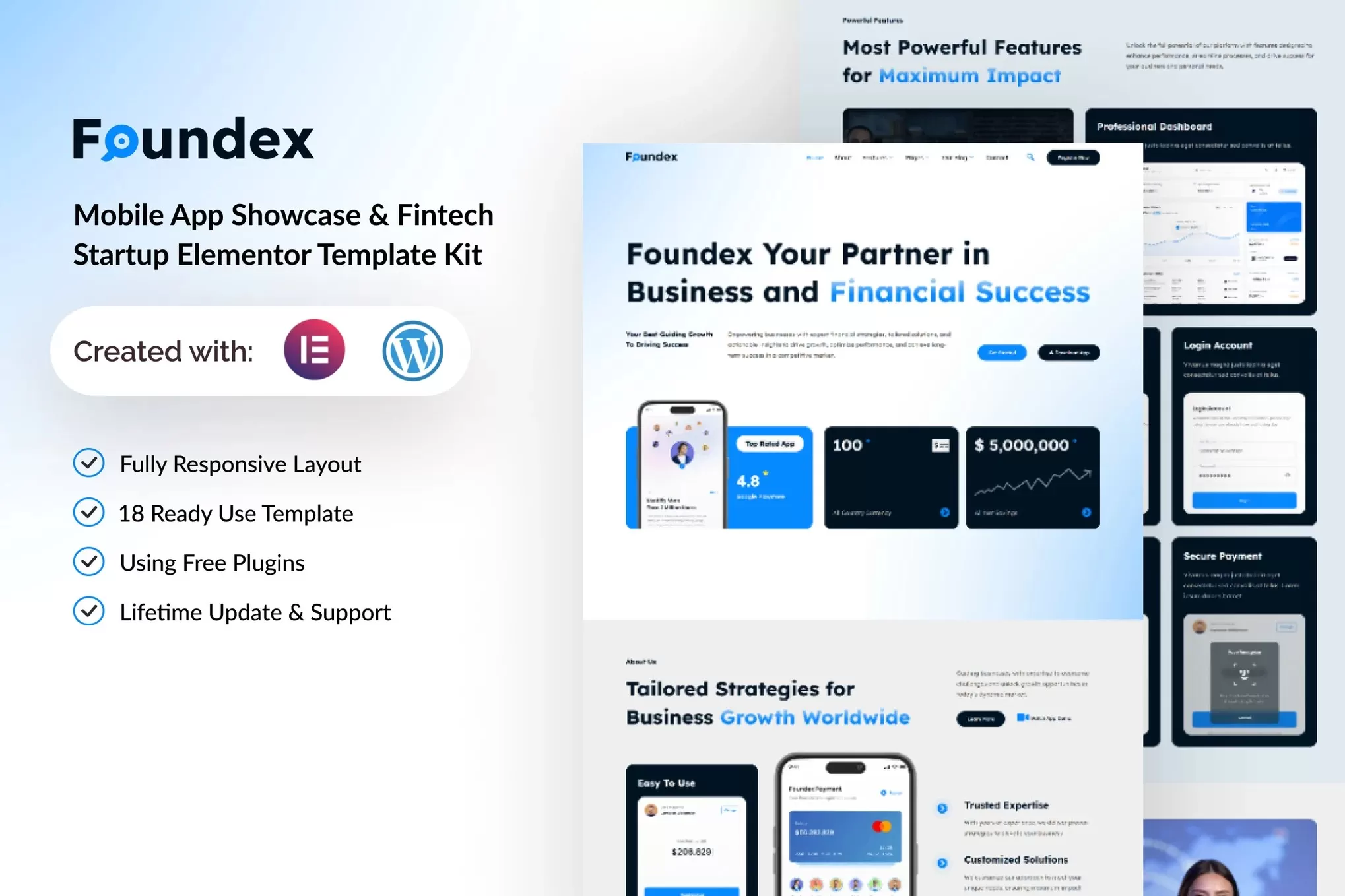 Foundex – 金融科技Elementor模板套件,移动应用展示