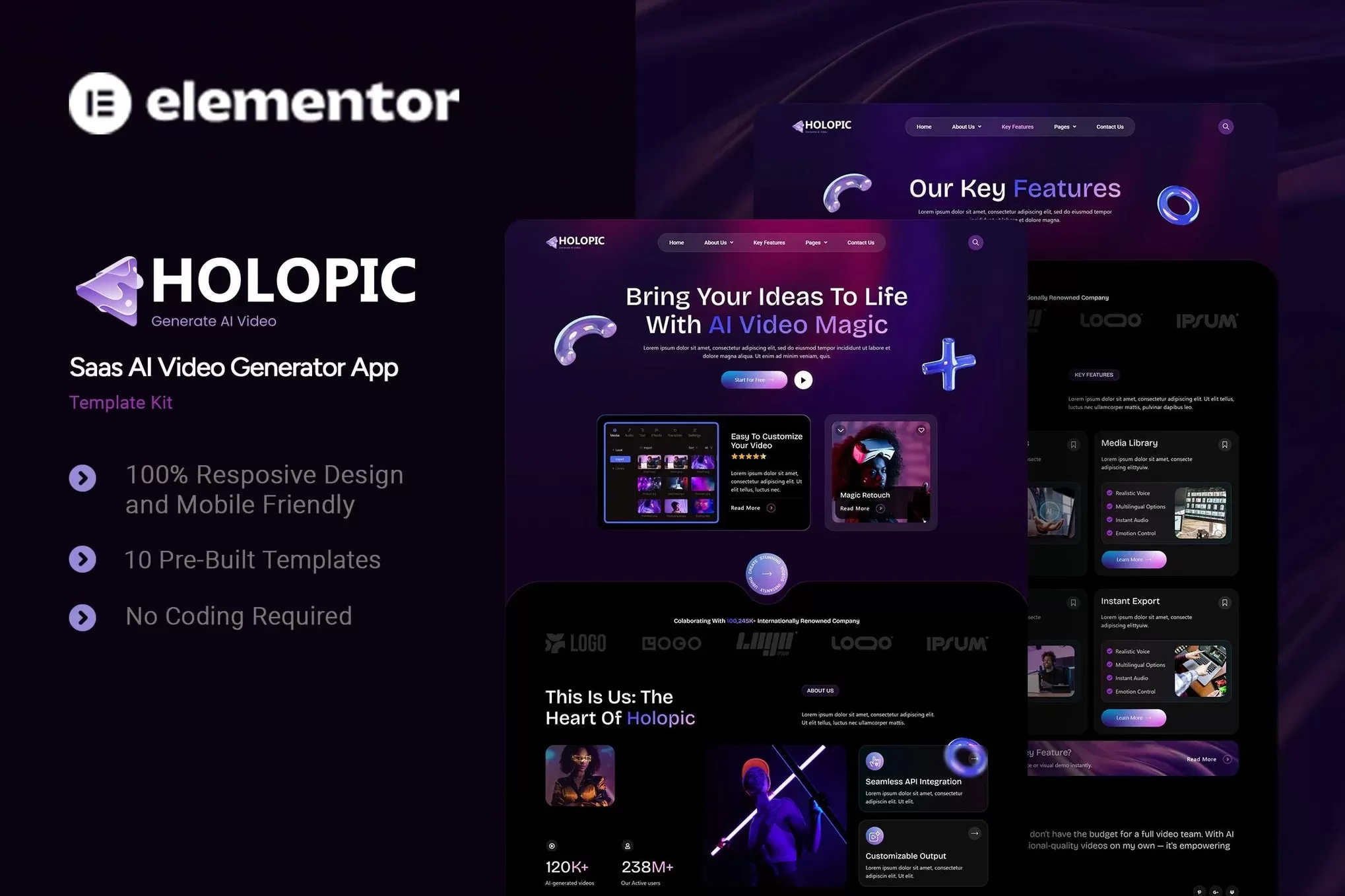 Holopic – AI生成器Elementor模板套件，SaaS应用展示