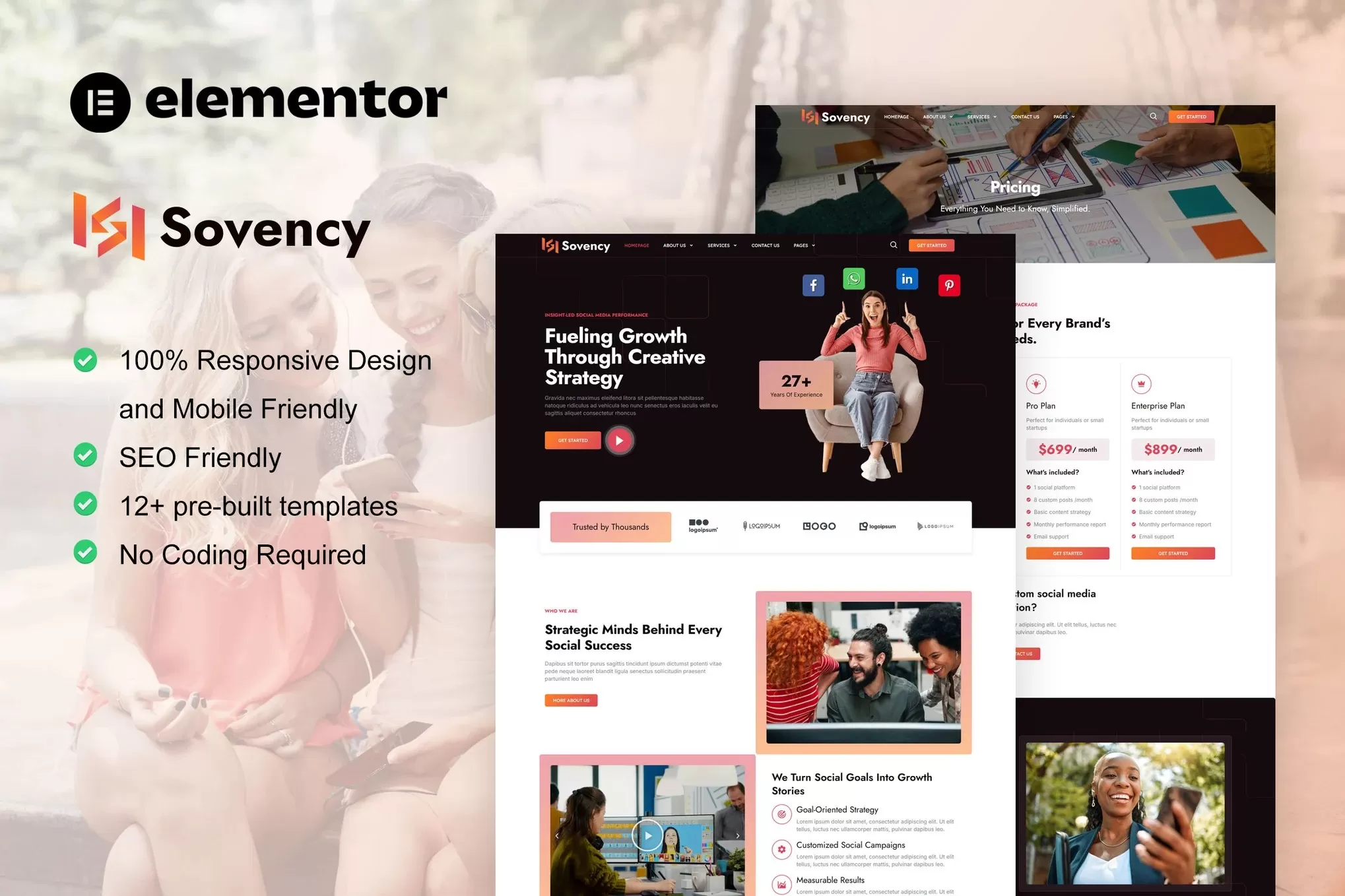 Sovency – 社交媒体营销Elementor Pro套件，社媒机构官网