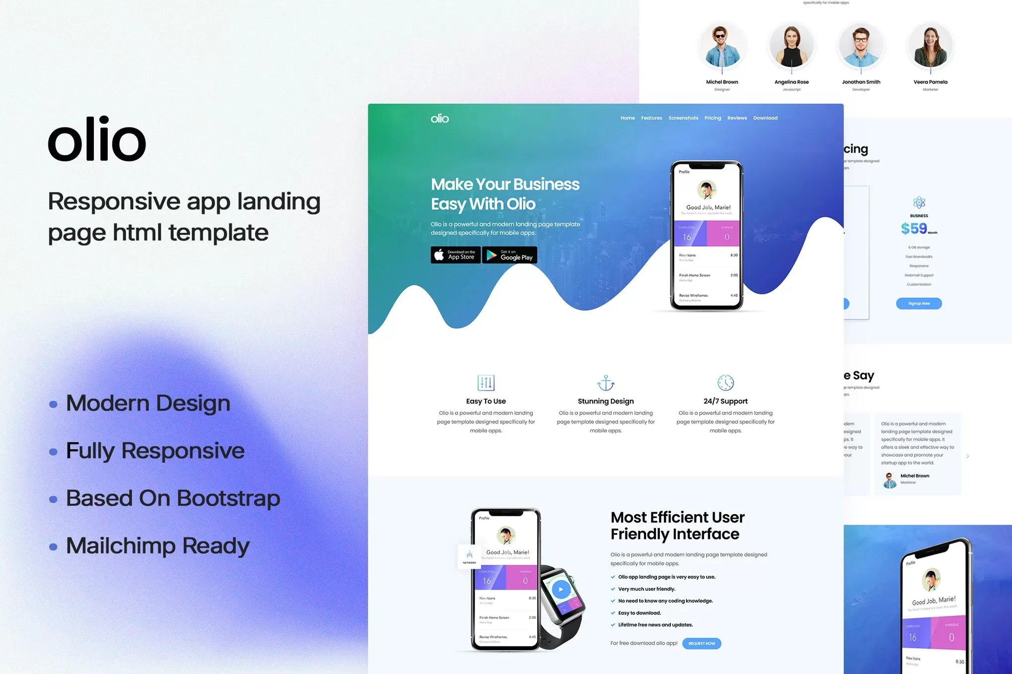 Olio – 应用落地页HTML模板，移动App推广单页