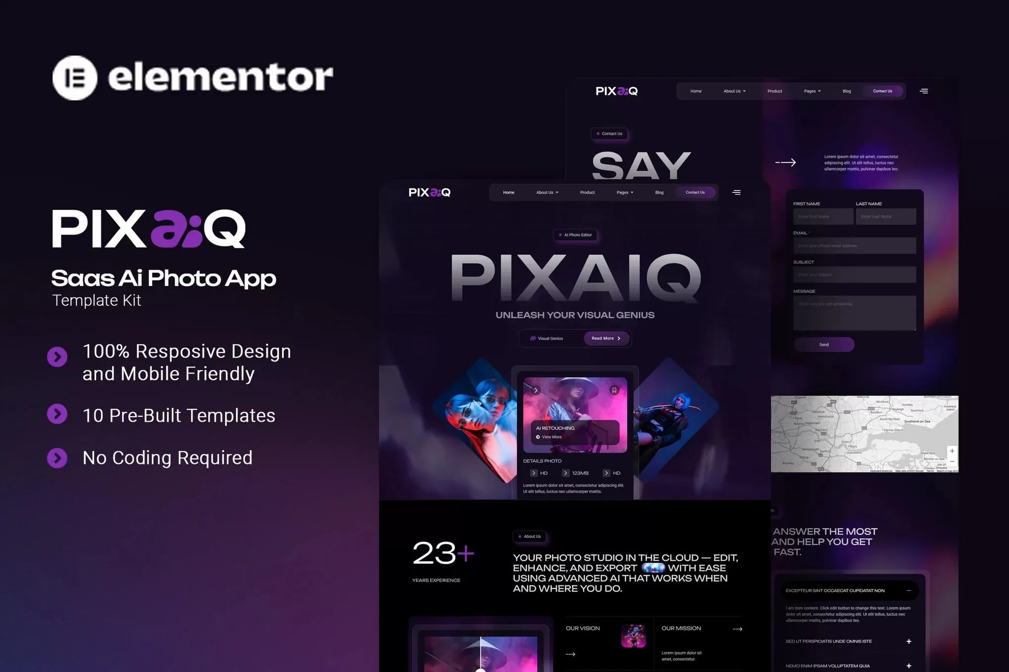 Pixaiq – SaaS AI照片Elementor模板套件,图片处理应用